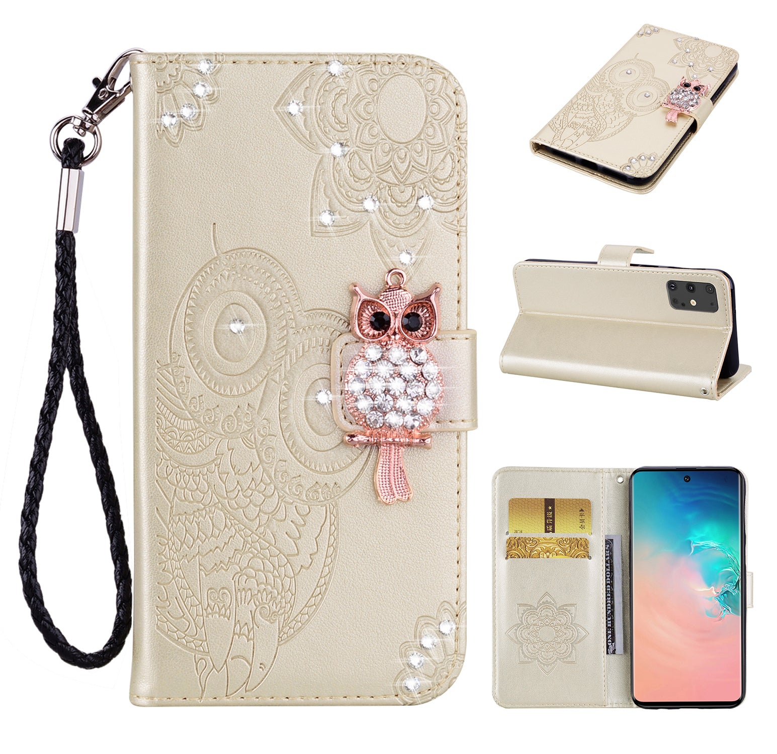 Rhinestone Decoration Imprint Owl Leather Wallet Stand Phone Cover Shell for Samsung Galaxy S20 Ultra - Gold