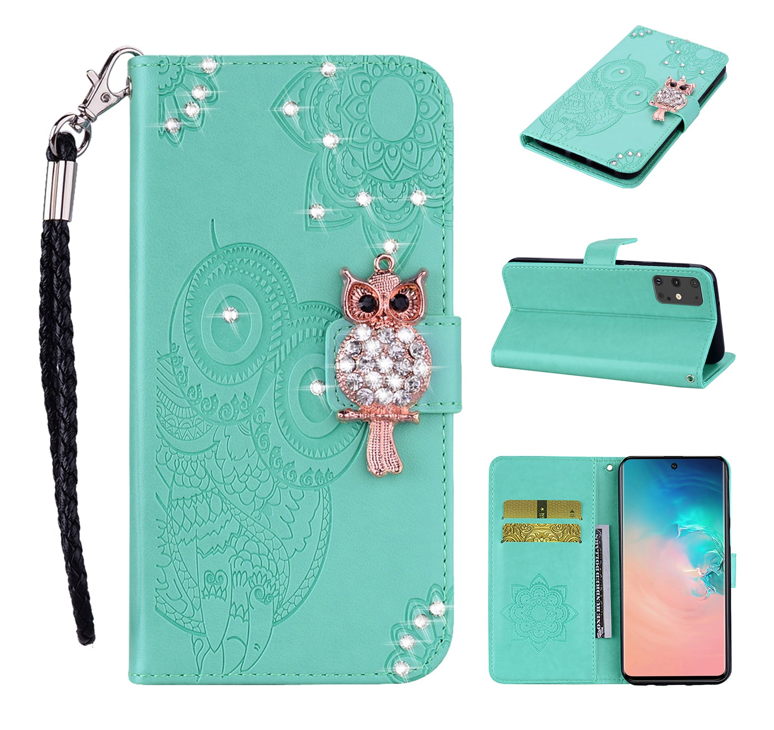 Rhinestone Decoration Imprint Owl Leather Wallet Stand Phone Cover Shell for Samsung Galaxy S20 Ultra - Cyan