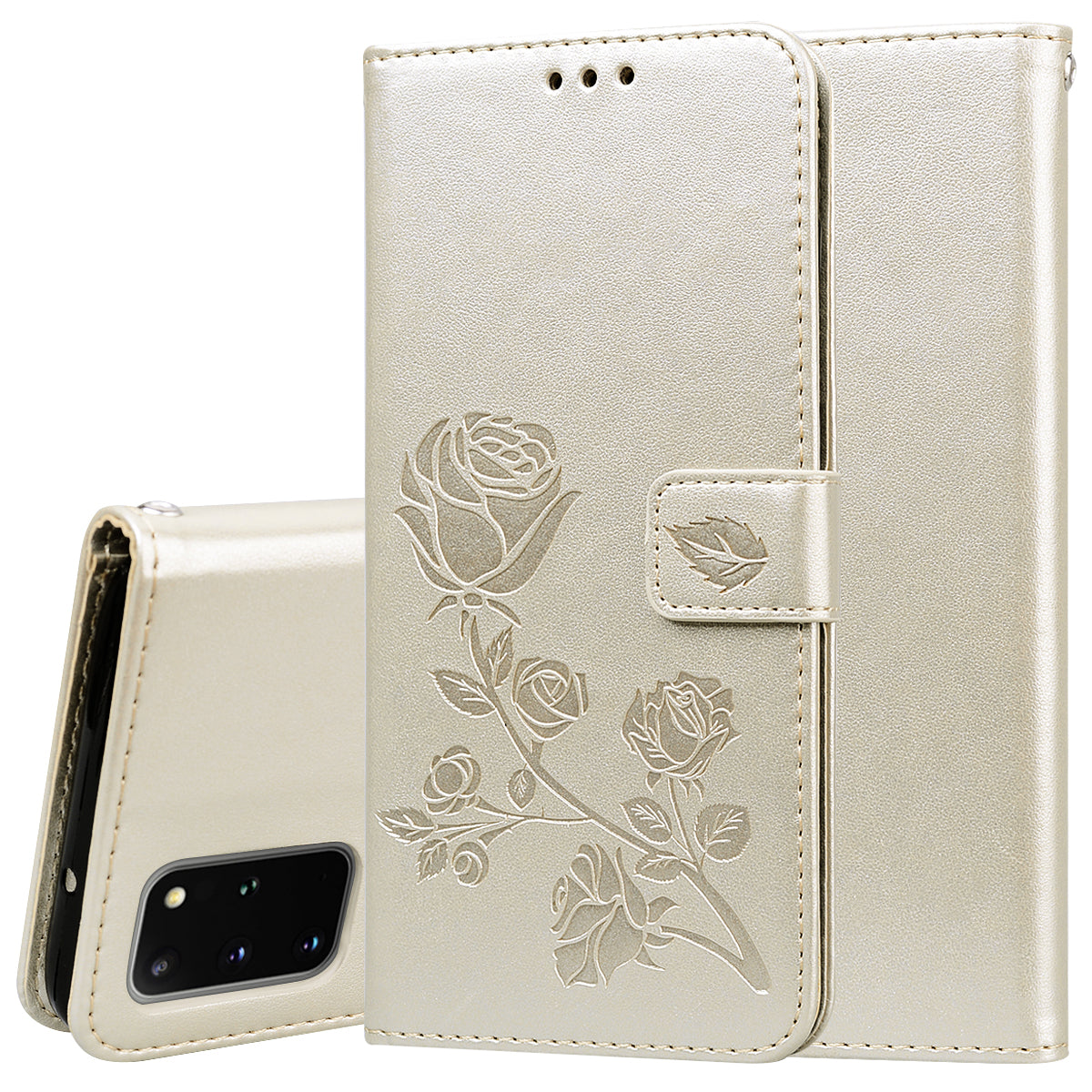 Imprint Rose Flower Magnetic Leather Wallet Mobile Shell for Samsung Galaxy S20 Plus - Gold