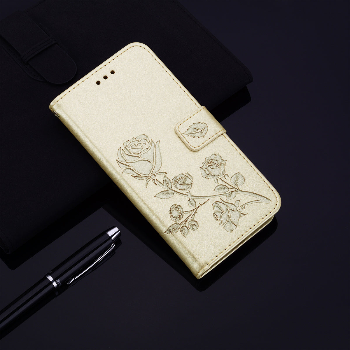 Imprint Rose Flower Magnetic Leather Wallet Mobile Shell for Samsung Galaxy S20 Plus - Gold