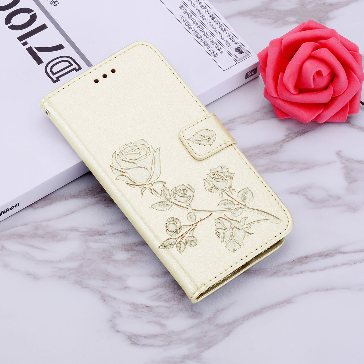 Imprint Rose Flower Magnetic Leather Wallet Mobile Shell for Samsung Galaxy S20 Plus - Gold