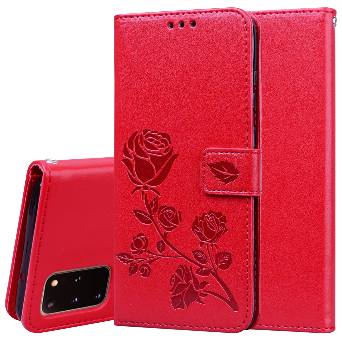 Imprint Rose Flower Magnetic Leather Wallet Mobile Shell for Samsung Galaxy S20 Plus - Red