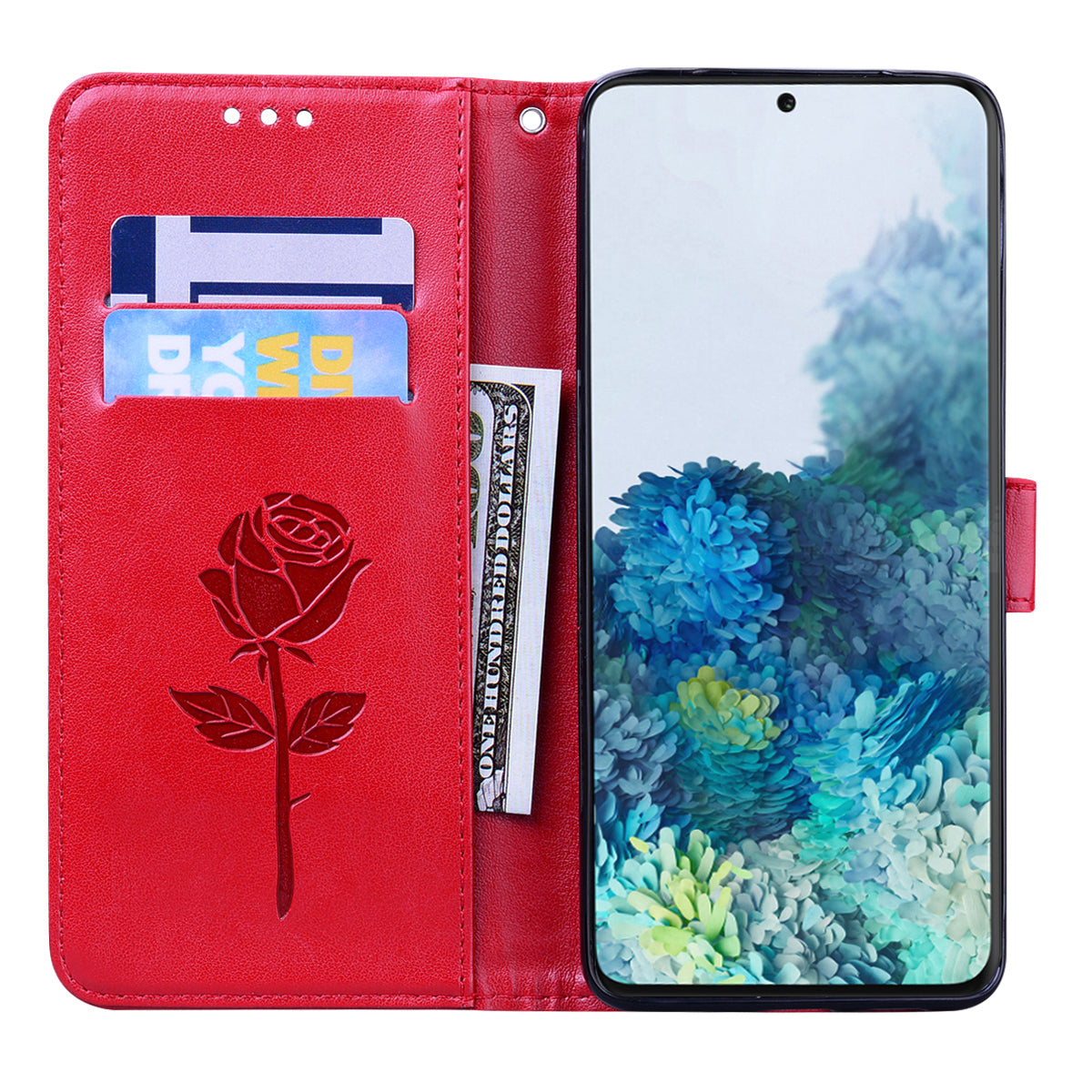 Imprint Rose Flower Magnetic Leather Wallet Mobile Shell for Samsung Galaxy S20 Plus - Red