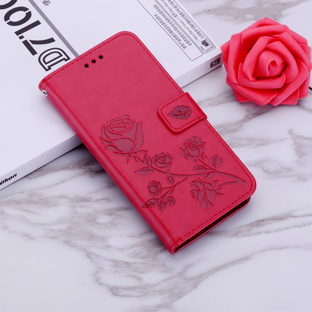 Imprint Rose Flower Magnetic Leather Wallet Mobile Shell for Samsung Galaxy S20 Plus - Red