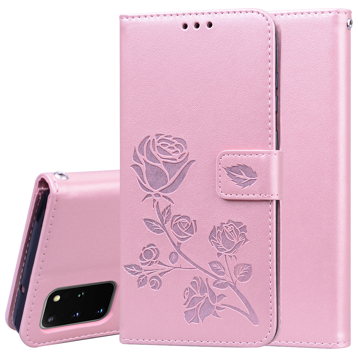 Imprint Rose Flower Magnetic Leather Wallet Mobile Shell for Samsung Galaxy S20 Plus - Pink