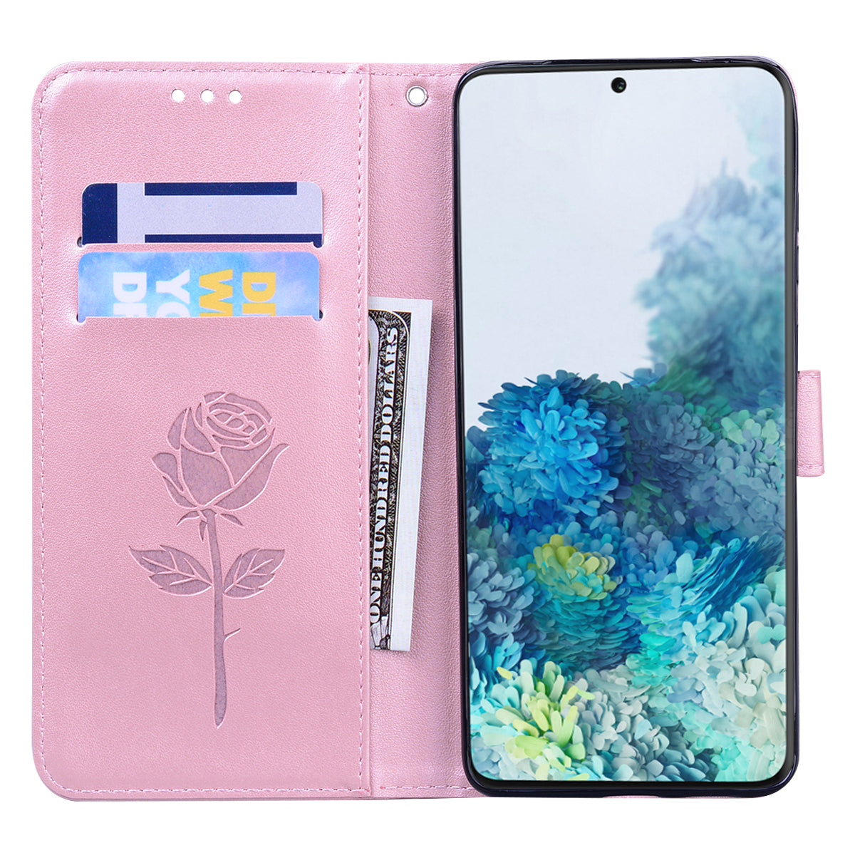 Imprint Rose Flower Magnetic Leather Wallet Mobile Shell for Samsung Galaxy S20 Plus - Pink