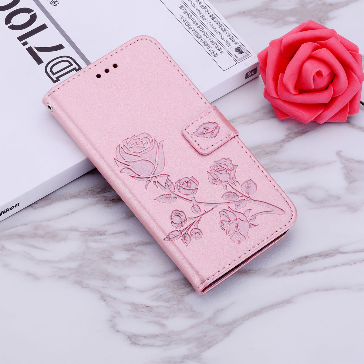 Imprint Rose Flower Magnetic Leather Wallet Mobile Shell for Samsung Galaxy S20 Plus - Pink