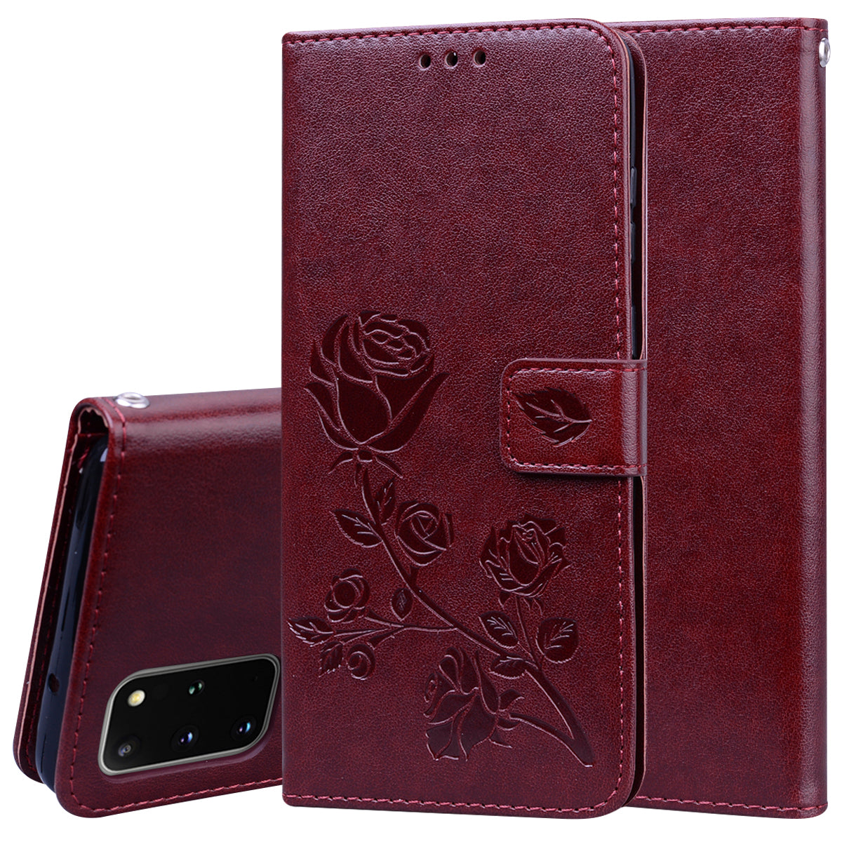 Imprint Rose Flower Magnetic Leather Wallet Mobile Shell for Samsung Galaxy S20 Plus - Brown