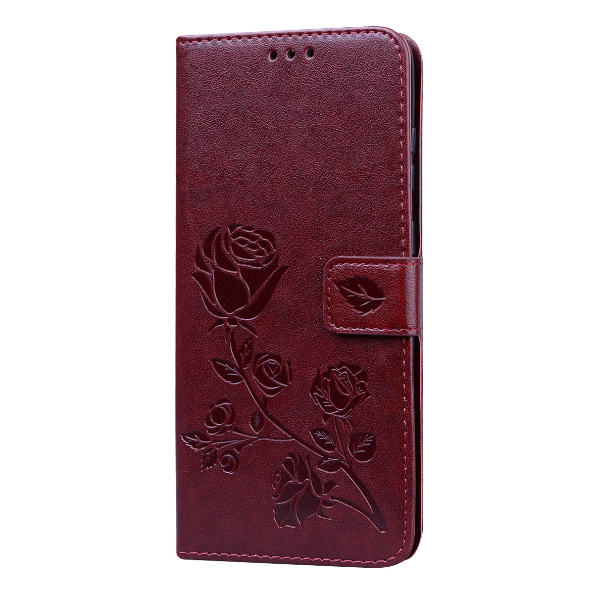 Imprint Rose Flower Magnetic Leather Wallet Mobile Shell for Samsung Galaxy S20 Plus - Brown