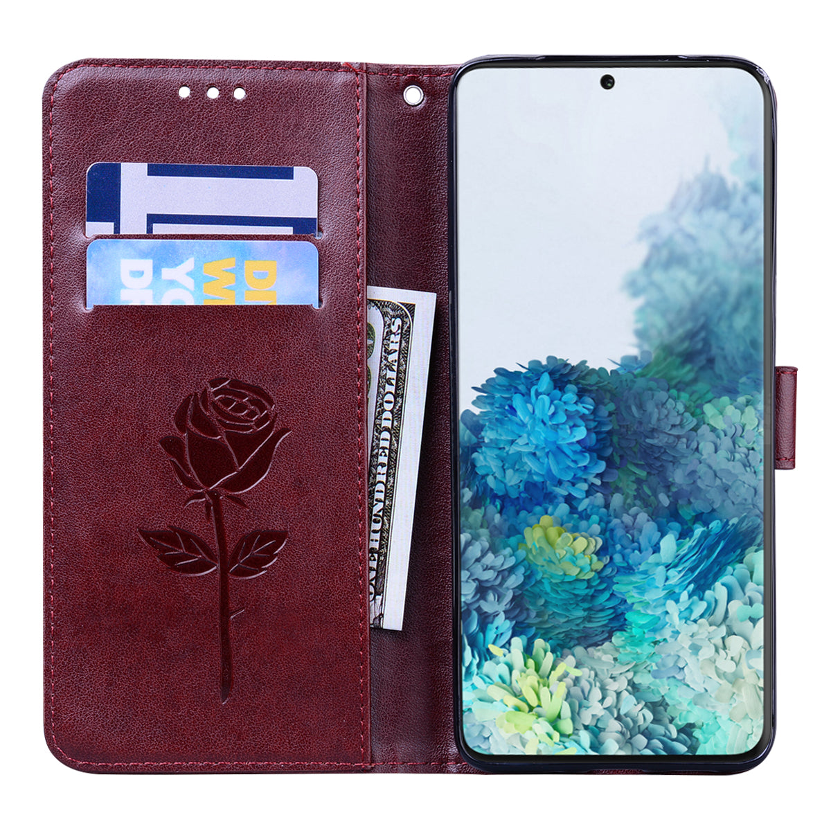 Imprint Rose Flower Magnetic Leather Wallet Mobile Shell for Samsung Galaxy S20 Plus - Brown