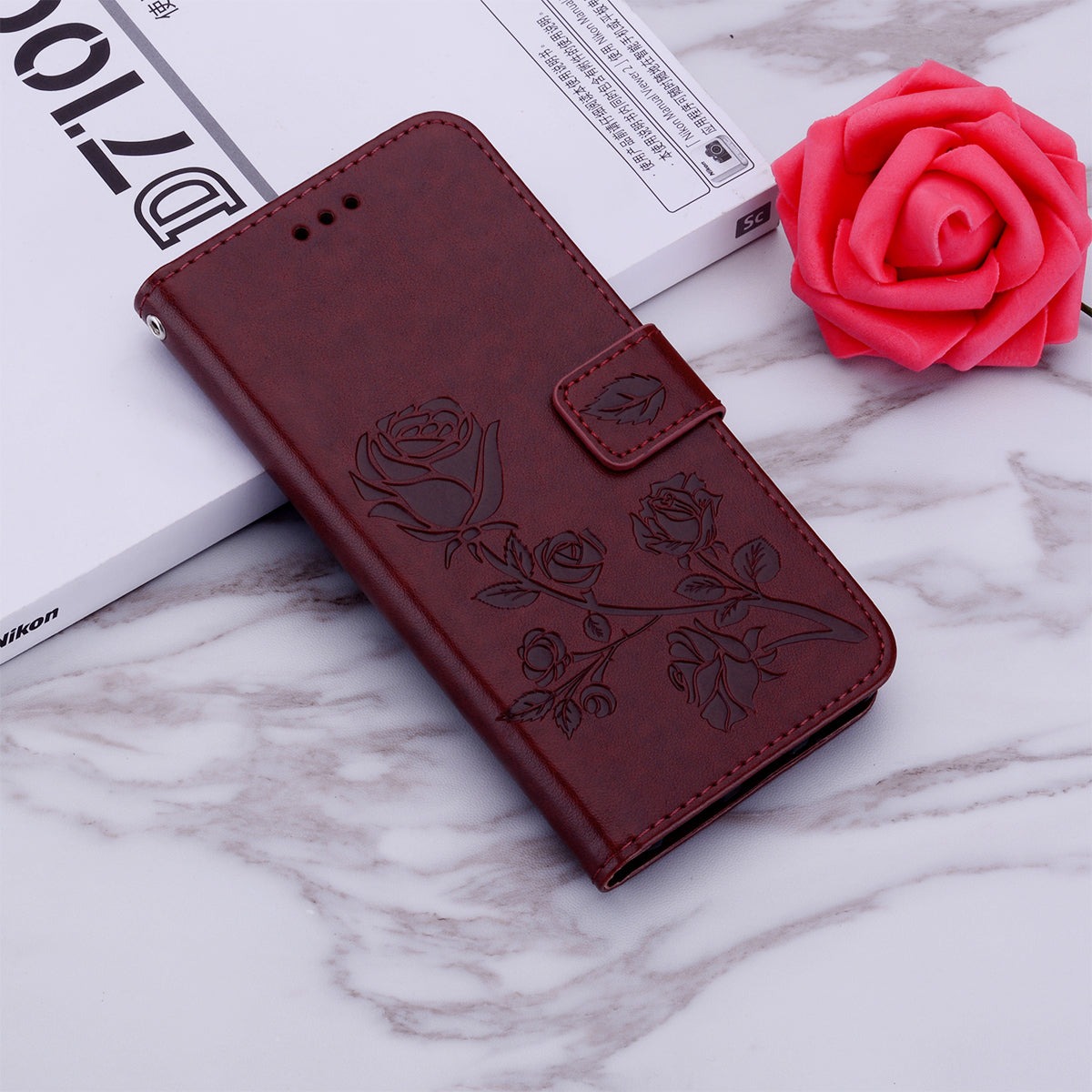 Imprint Rose Flower Magnetic Leather Wallet Mobile Shell for Samsung Galaxy S20 Plus - Brown