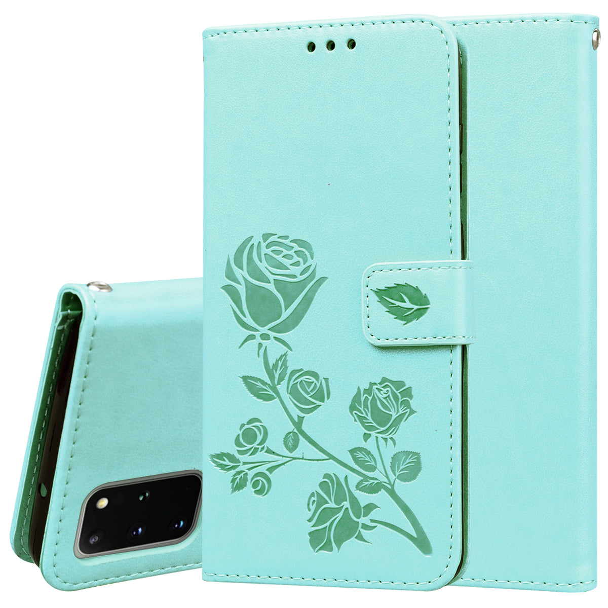 Imprint Rose Flower Magnetic Leather Wallet Mobile Shell for Samsung Galaxy S20 Plus - Cyan