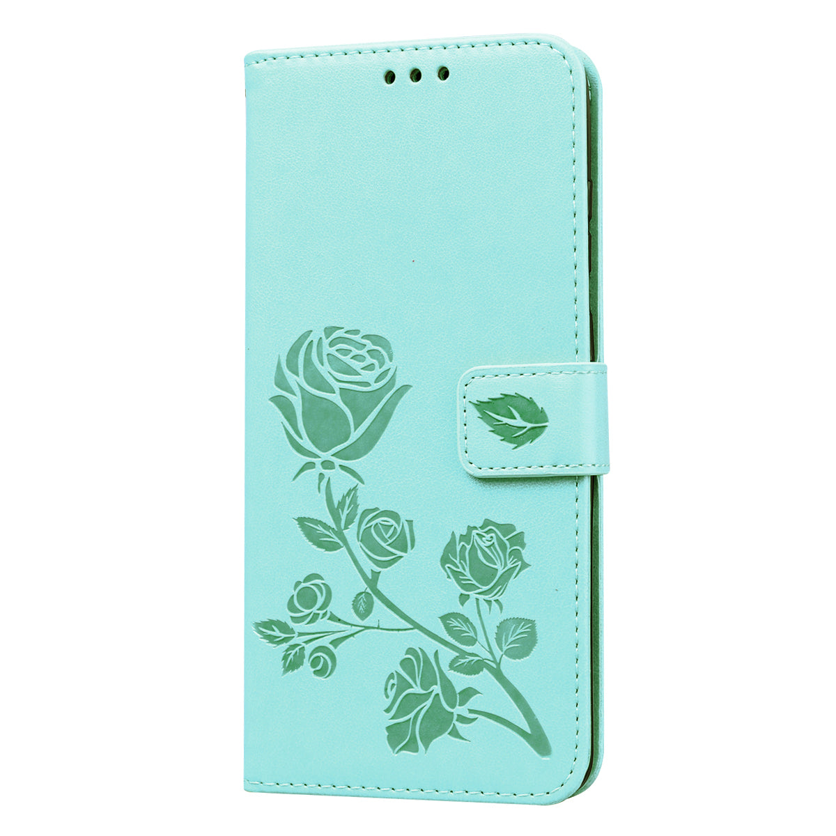 Imprint Rose Flower Magnetic Leather Wallet Mobile Shell for Samsung Galaxy S20 Plus - Cyan