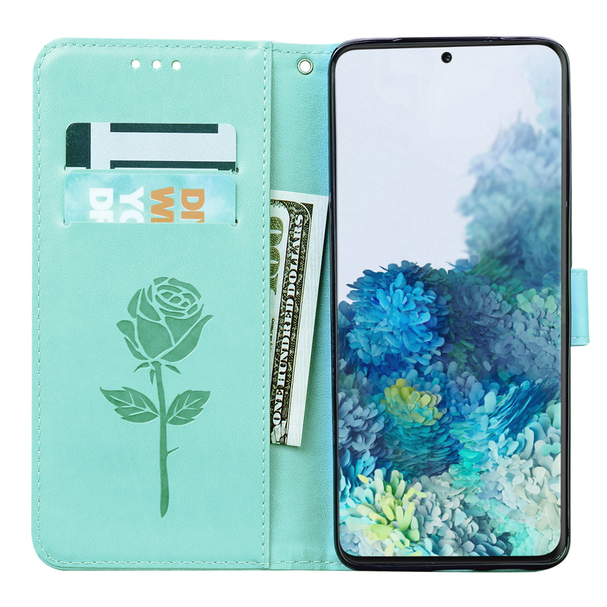 Imprint Rose Flower Magnetic Leather Wallet Mobile Shell for Samsung Galaxy S20 Plus - Cyan