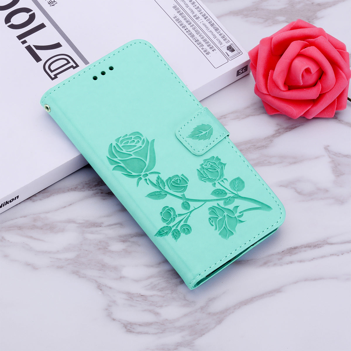 Imprint Rose Flower Magnetic Leather Wallet Mobile Shell for Samsung Galaxy S20 Plus - Cyan