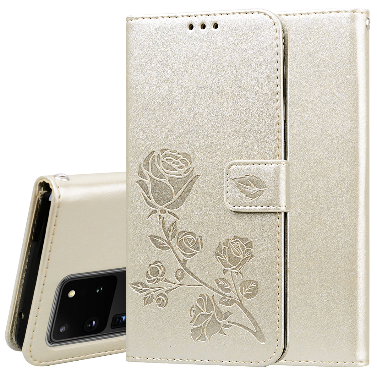 Imprint Rose Flower Leather Flip Case with Wallet for Samsung Galaxy S20 Ultra - Gold