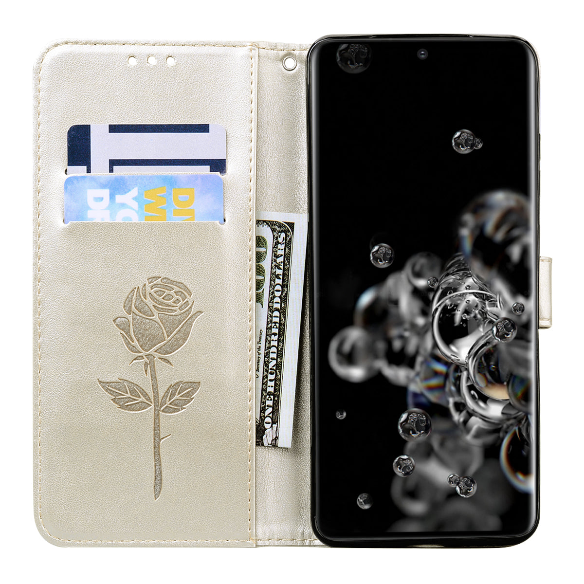 Imprint Rose Flower Leather Flip Case with Wallet for Samsung Galaxy S20 Ultra - Gold