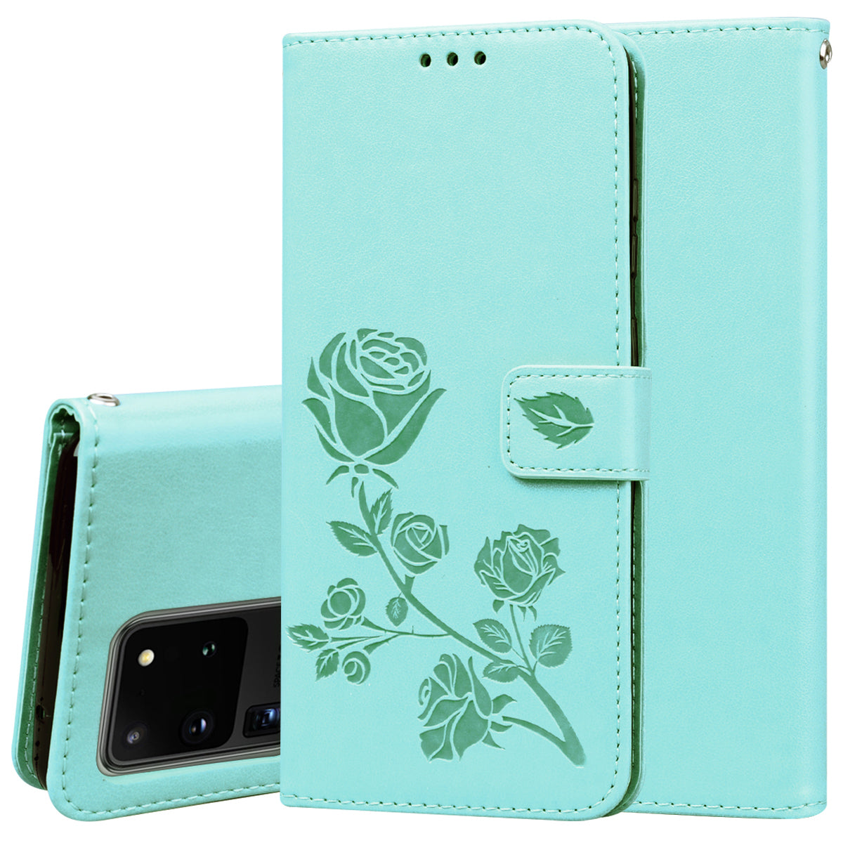 Imprint Rose Flower Leather Flip Case with Wallet for Samsung Galaxy S20 Ultra - Cyan