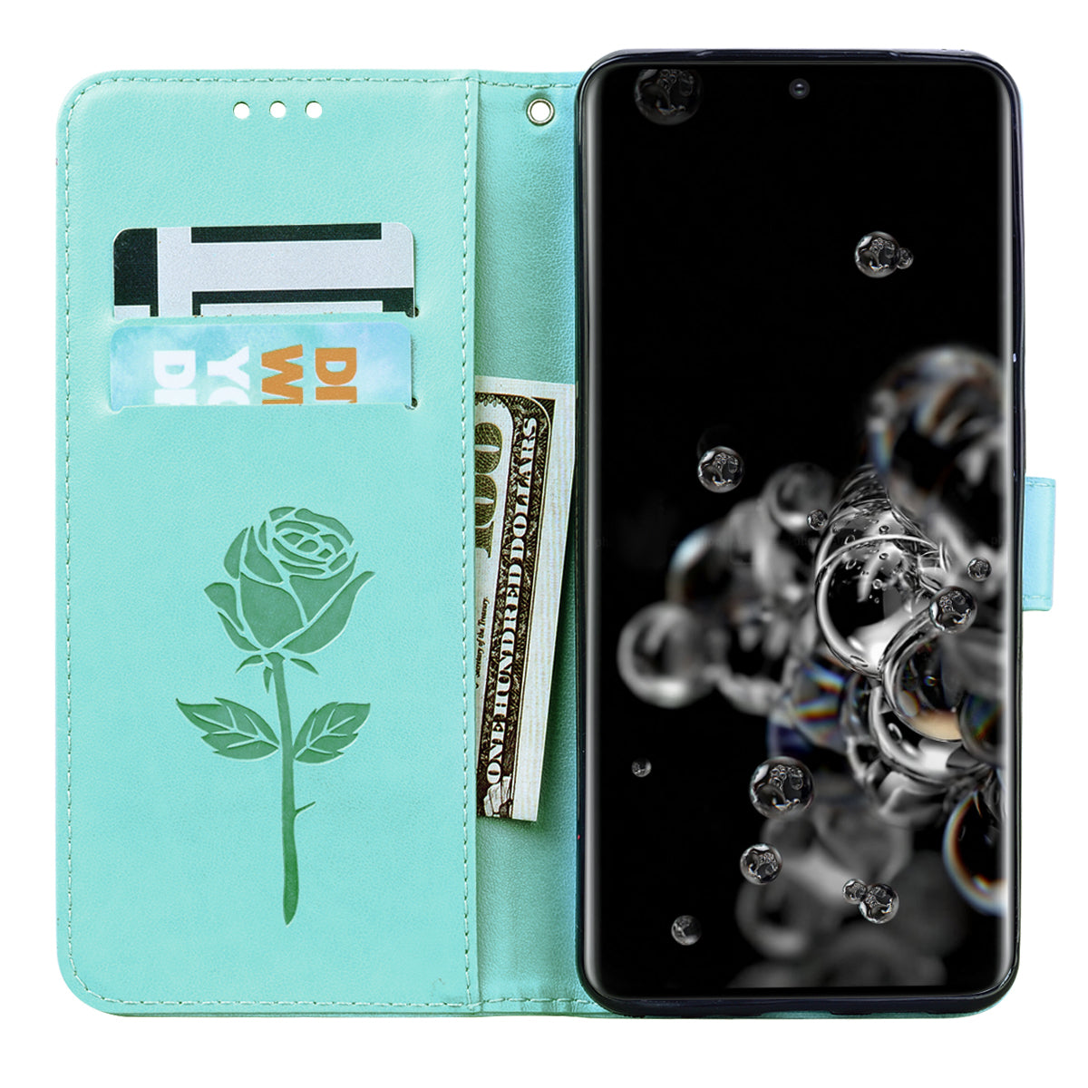 Imprint Rose Flower Leather Flip Case with Wallet for Samsung Galaxy S20 Ultra - Cyan