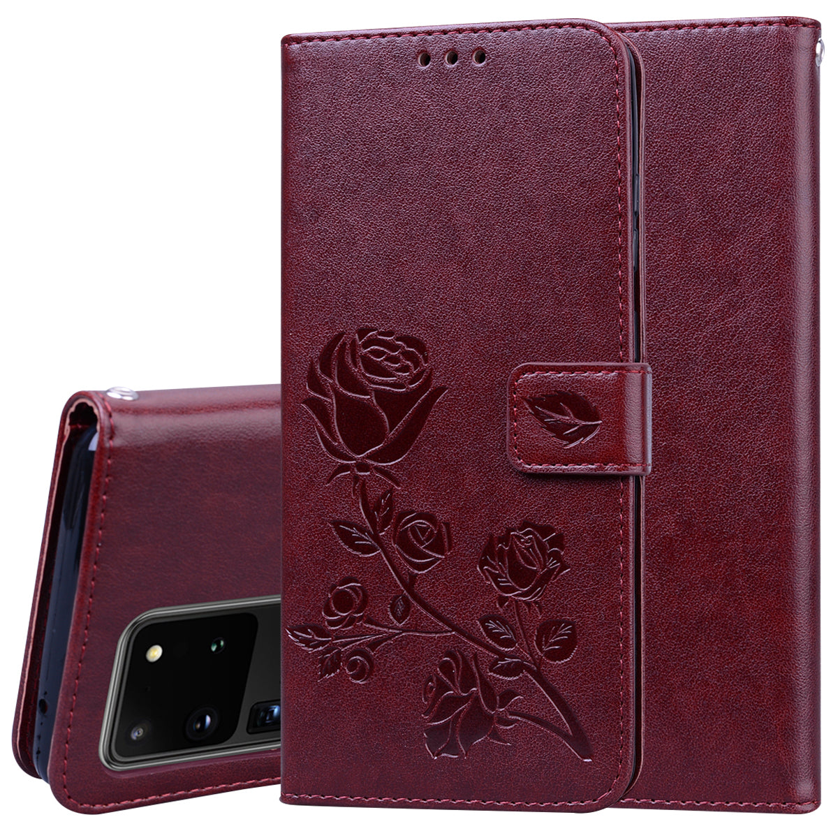 Imprint Rose Flower Leather Flip Case with Wallet for Samsung Galaxy S20 Ultra - Brown