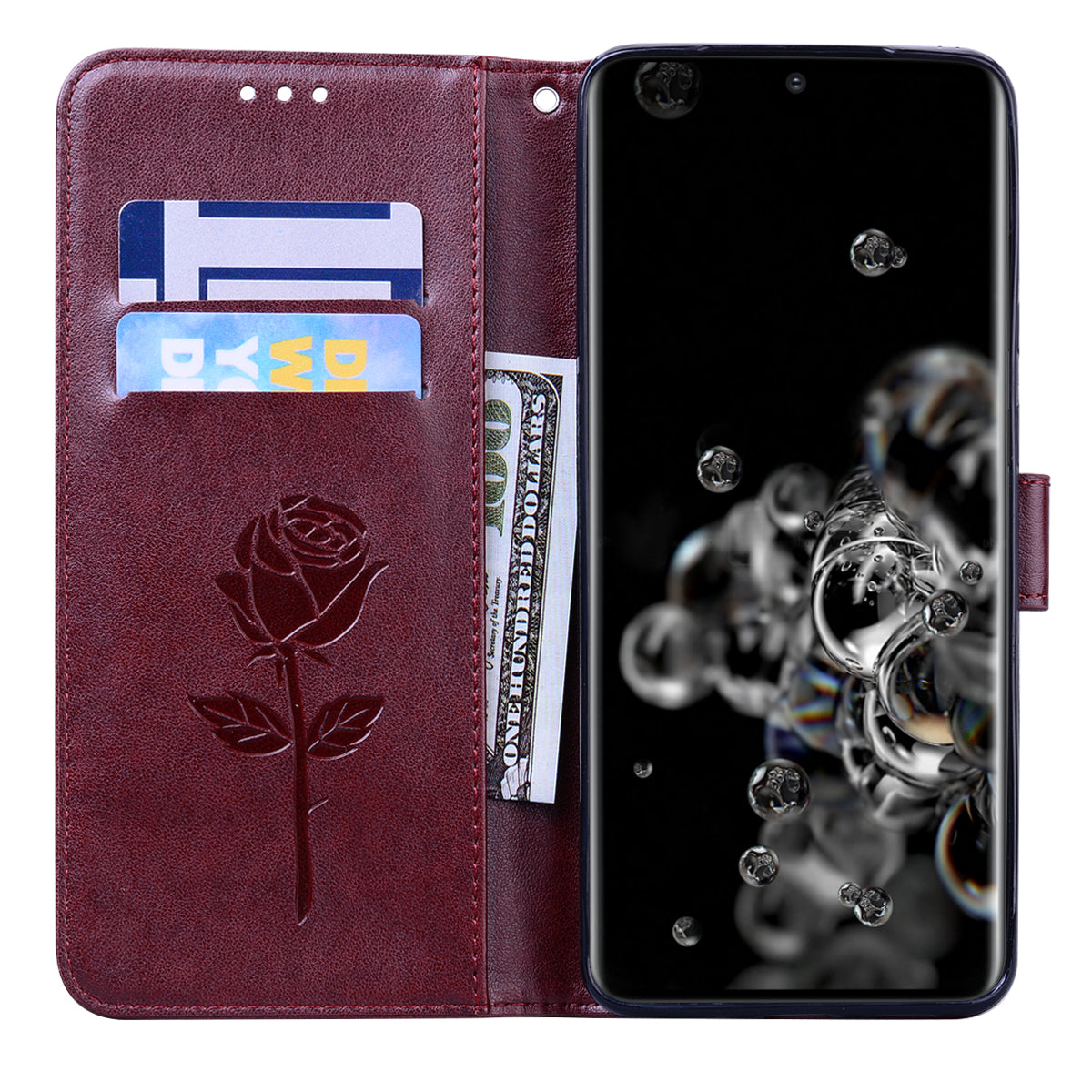 Imprint Rose Flower Leather Flip Case with Wallet for Samsung Galaxy S20 Ultra - Brown