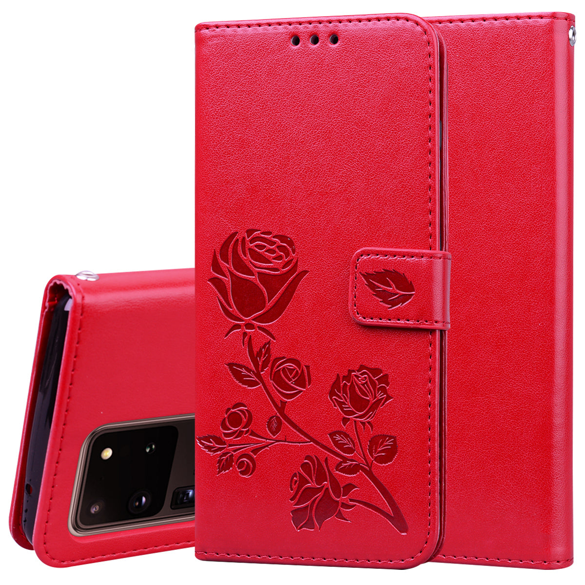 Imprint Rose Flower Leather Flip Case with Wallet for Samsung Galaxy S20 Ultra - Red