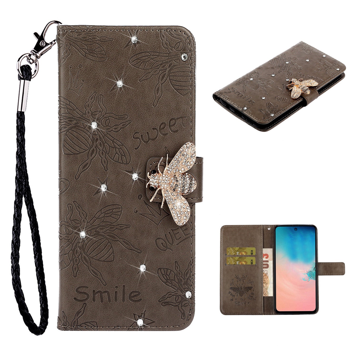 Bee Pattern Rhinestone Decor Leather Wallet Phone Case for Samsung Galaxy S20 Ultra - Brown