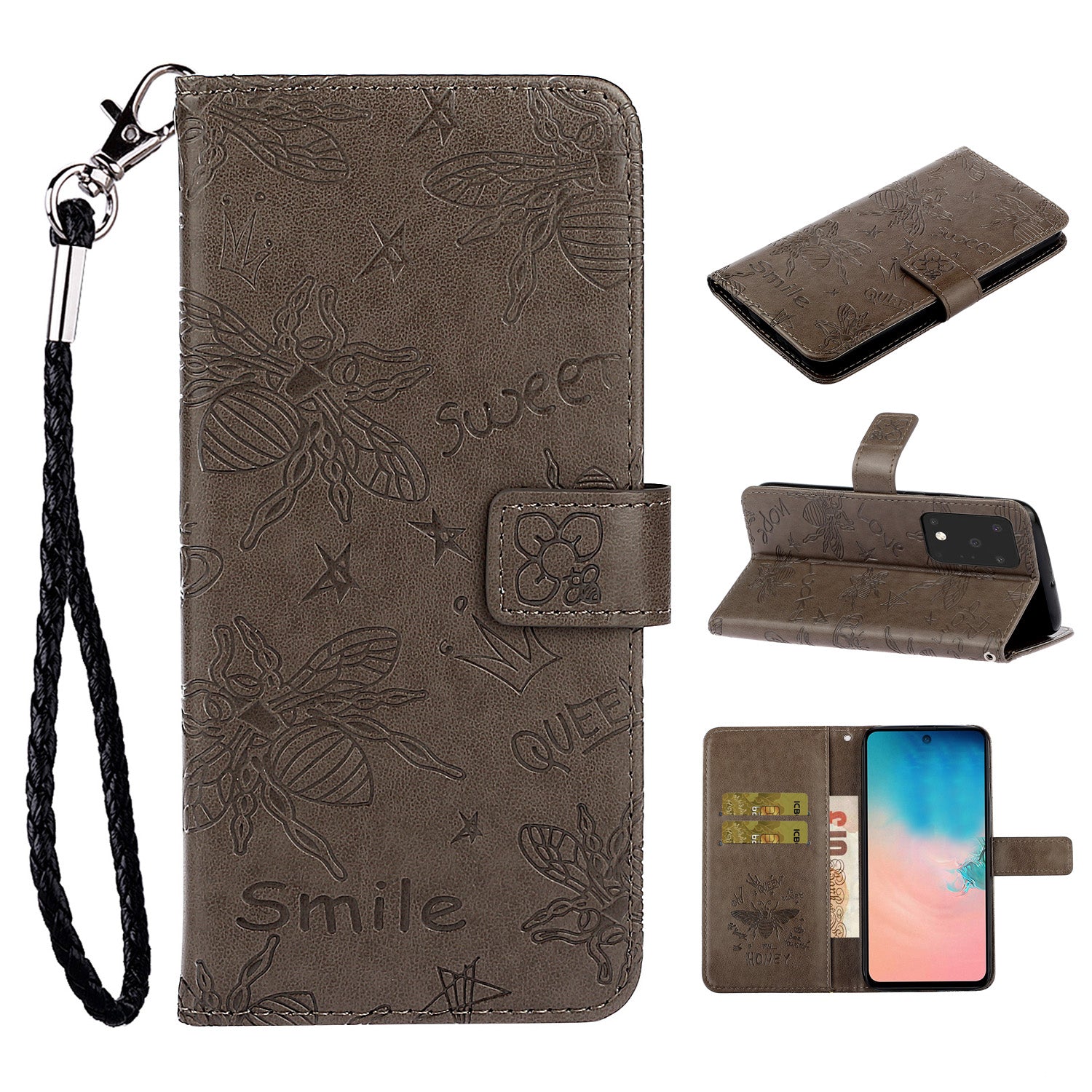 Imprint Flower Bee Leather Stand Case with Card Slots for Samsung Galaxy S20 Ultra - Grey