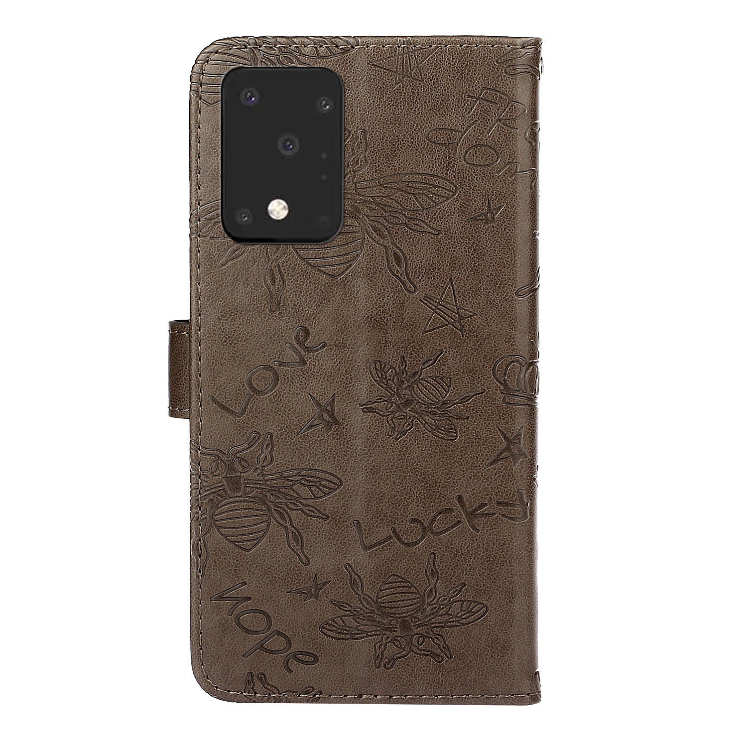 Imprint Flower Bee Leather Stand Case with Card Slots for Samsung Galaxy S20 Ultra - Grey