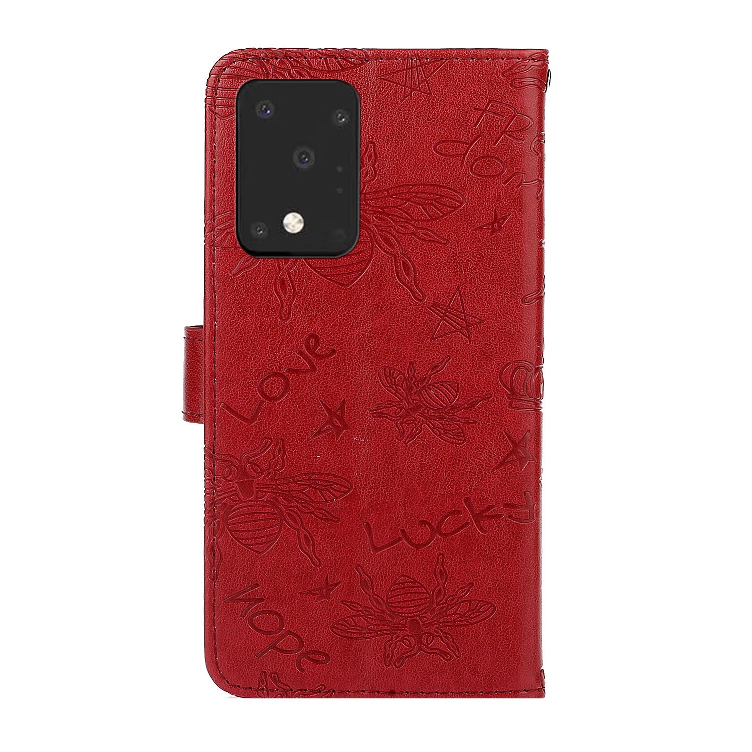 Imprint Flower Bee Leather Stand Case with Card Slots for Samsung Galaxy S20 Ultra - Red