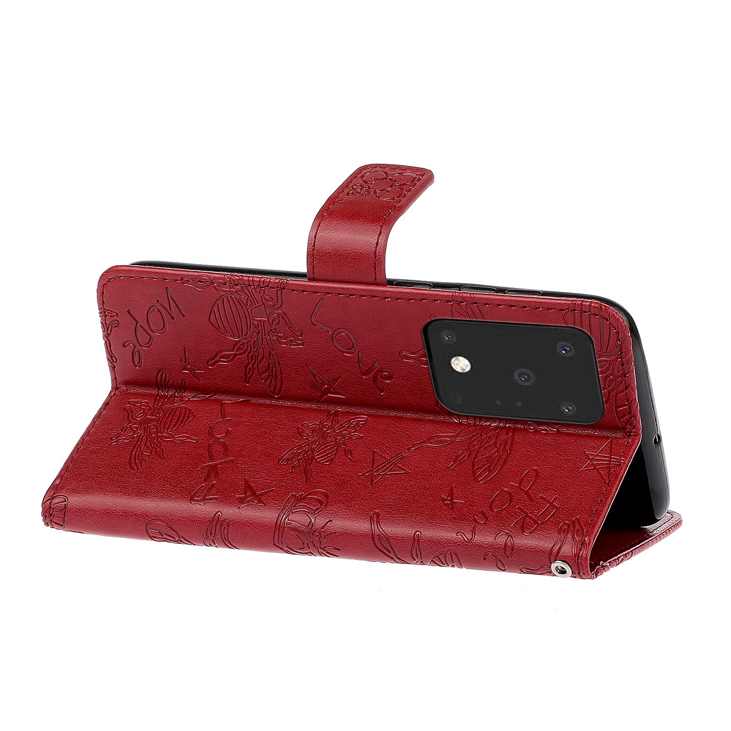 Imprint Flower Bee Leather Stand Case with Card Slots for Samsung Galaxy S20 Ultra - Red