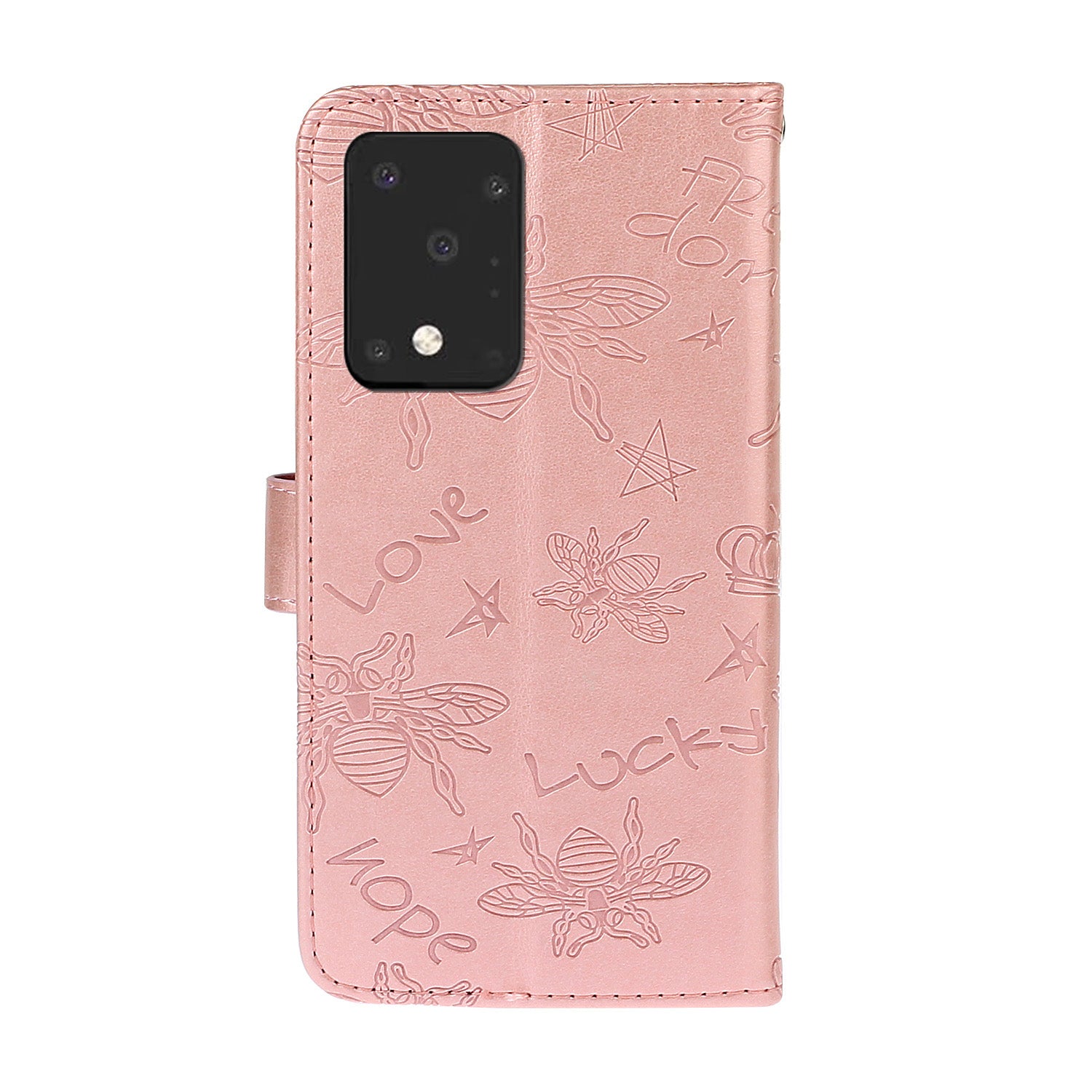 Imprint Flower Bee Leather Stand Case with Card Slots for Samsung Galaxy S20 Ultra - Rose Gold