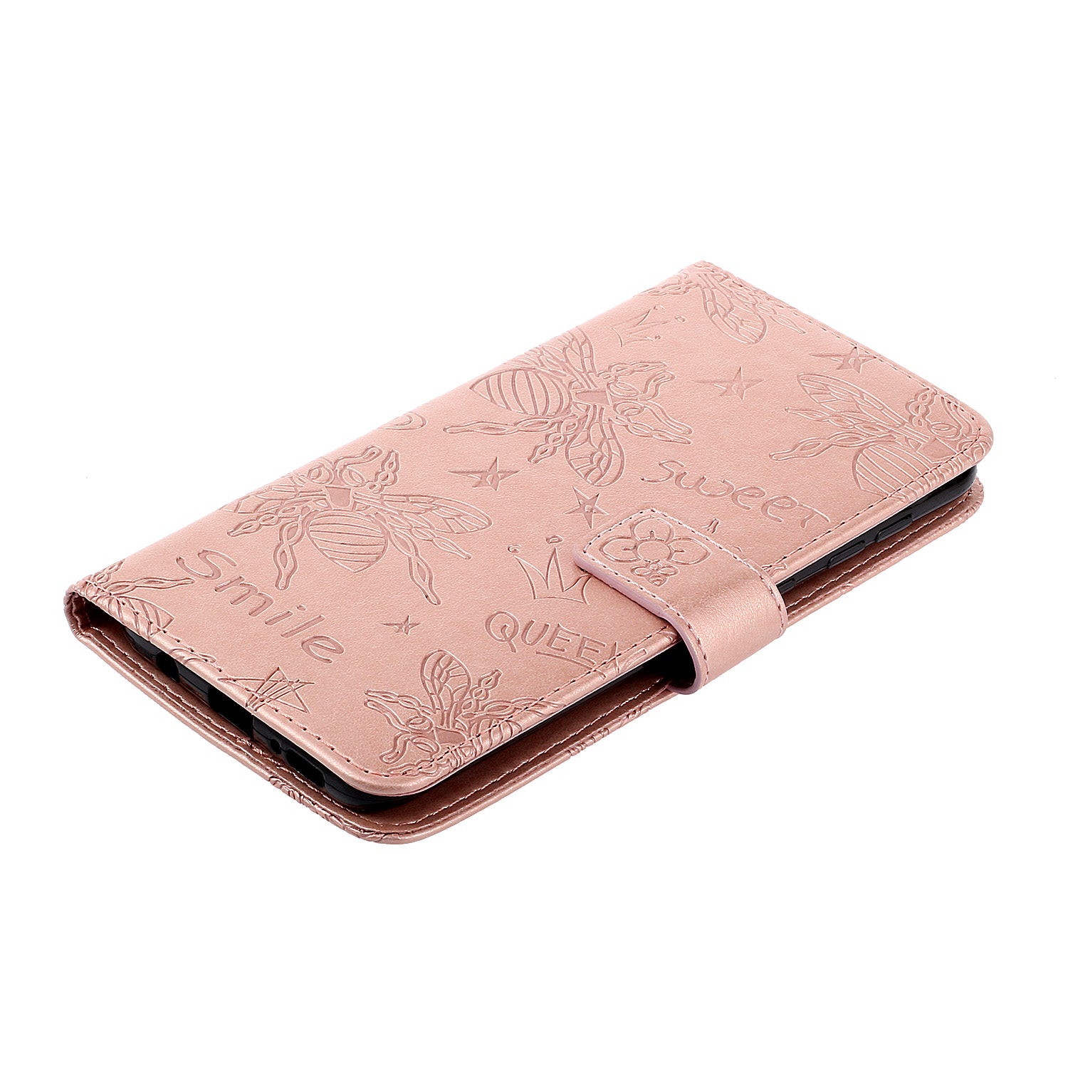 Imprint Flower Bee Leather Stand Case with Card Slots for Samsung Galaxy S20 Ultra - Rose Gold