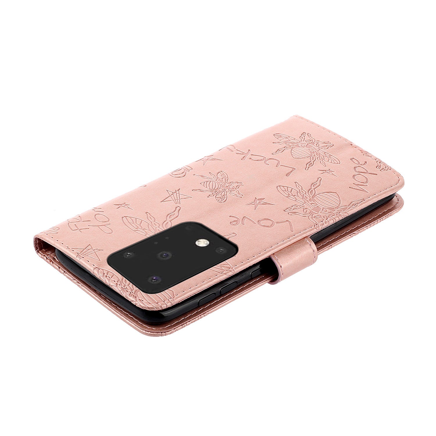 Imprint Flower Bee Leather Stand Case with Card Slots for Samsung Galaxy S20 Ultra - Rose Gold