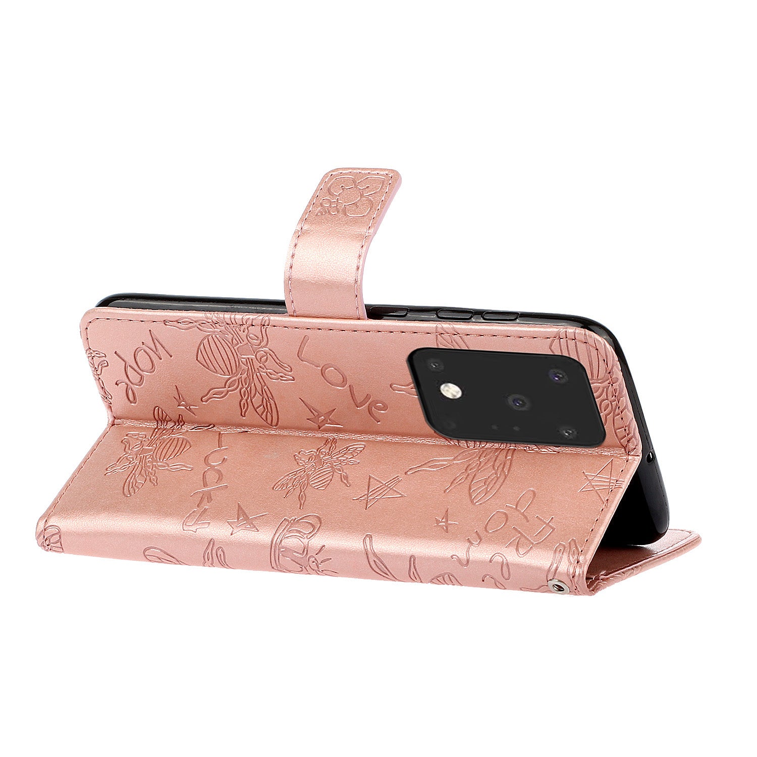 Imprint Flower Bee Leather Stand Case with Card Slots for Samsung Galaxy S20 Ultra - Rose Gold