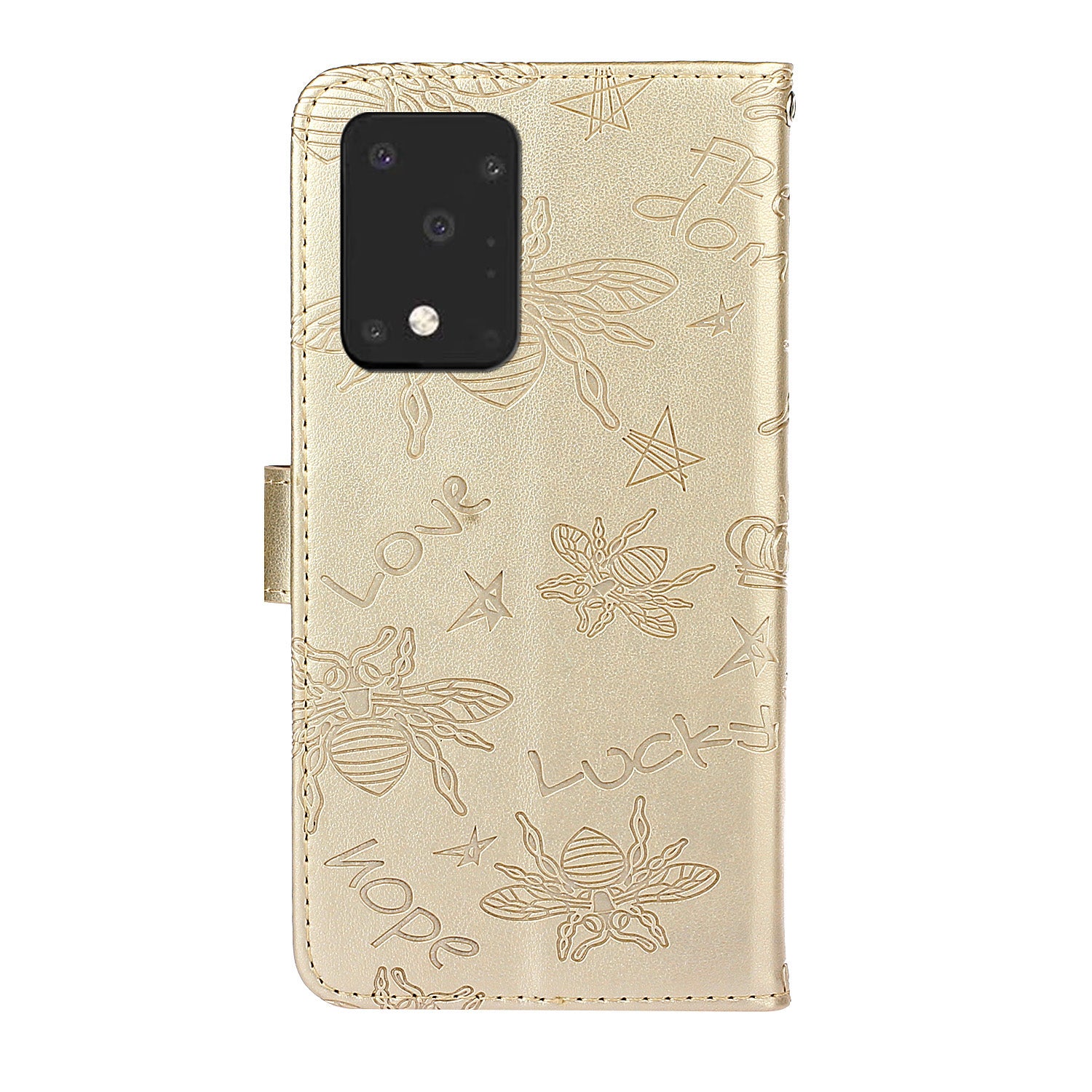 Imprint Flower Bee Leather Stand Case with Card Slots for Samsung Galaxy S20 Ultra - Gold