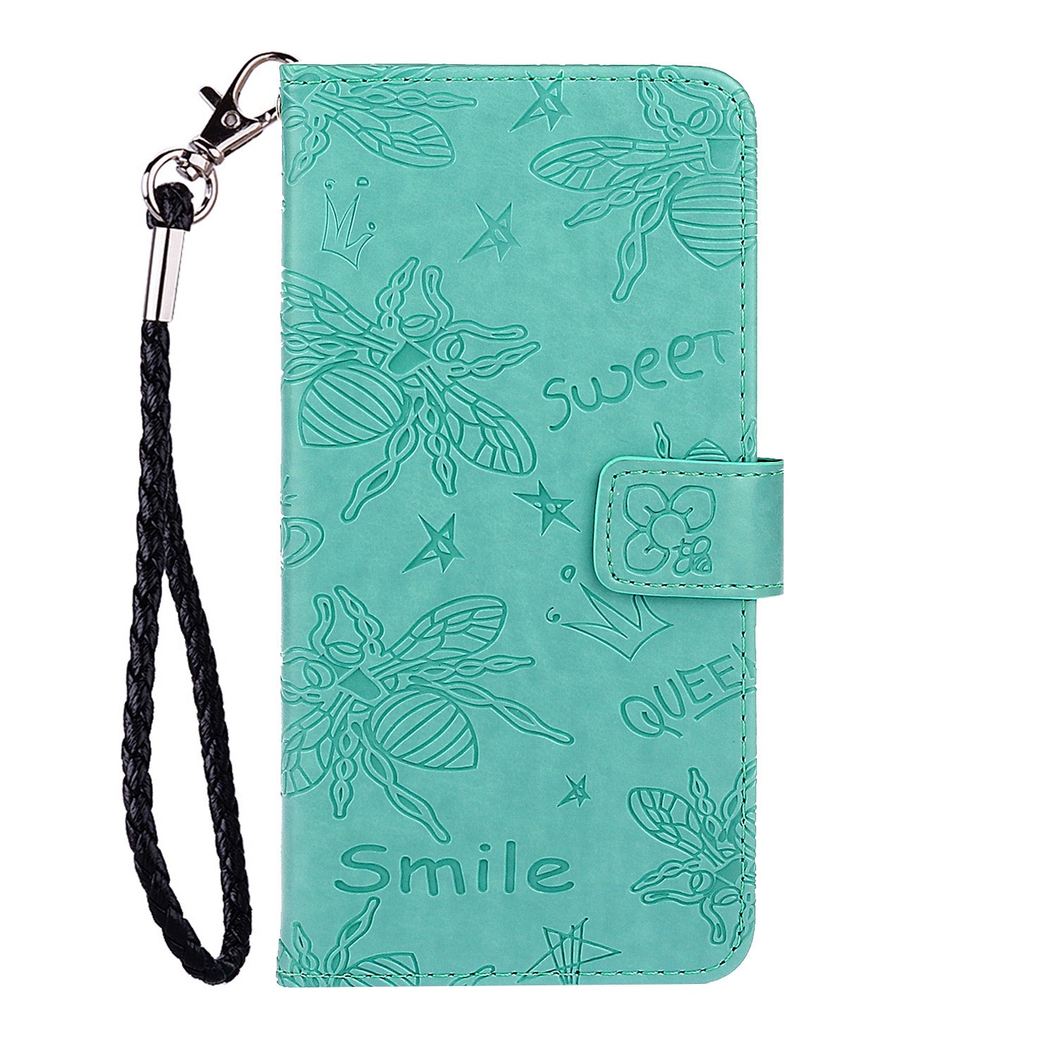 Imprint Flower Bee Leather Stand Case with Card Slots for Samsung Galaxy S20 Ultra - Cyan