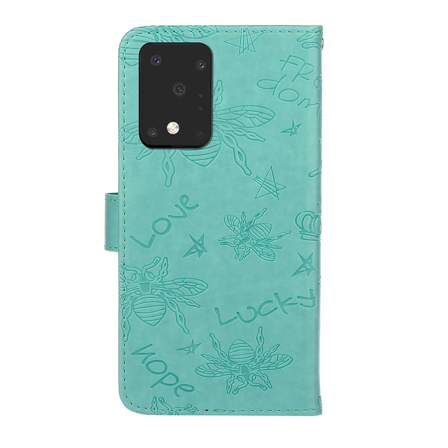 Imprint Flower Bee Leather Stand Case with Card Slots for Samsung Galaxy S20 Ultra - Cyan