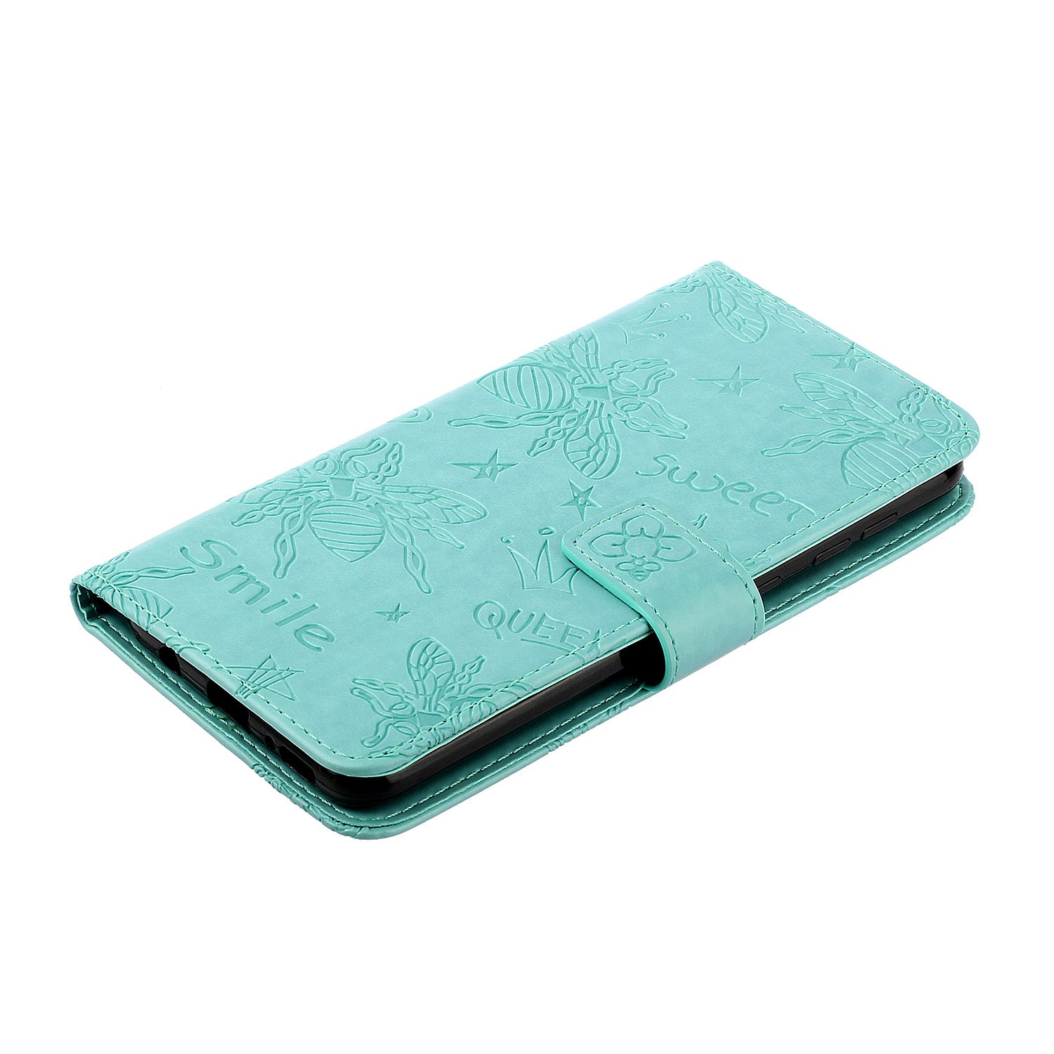 Imprint Flower Bee Leather Stand Case with Card Slots for Samsung Galaxy S20 Ultra - Cyan