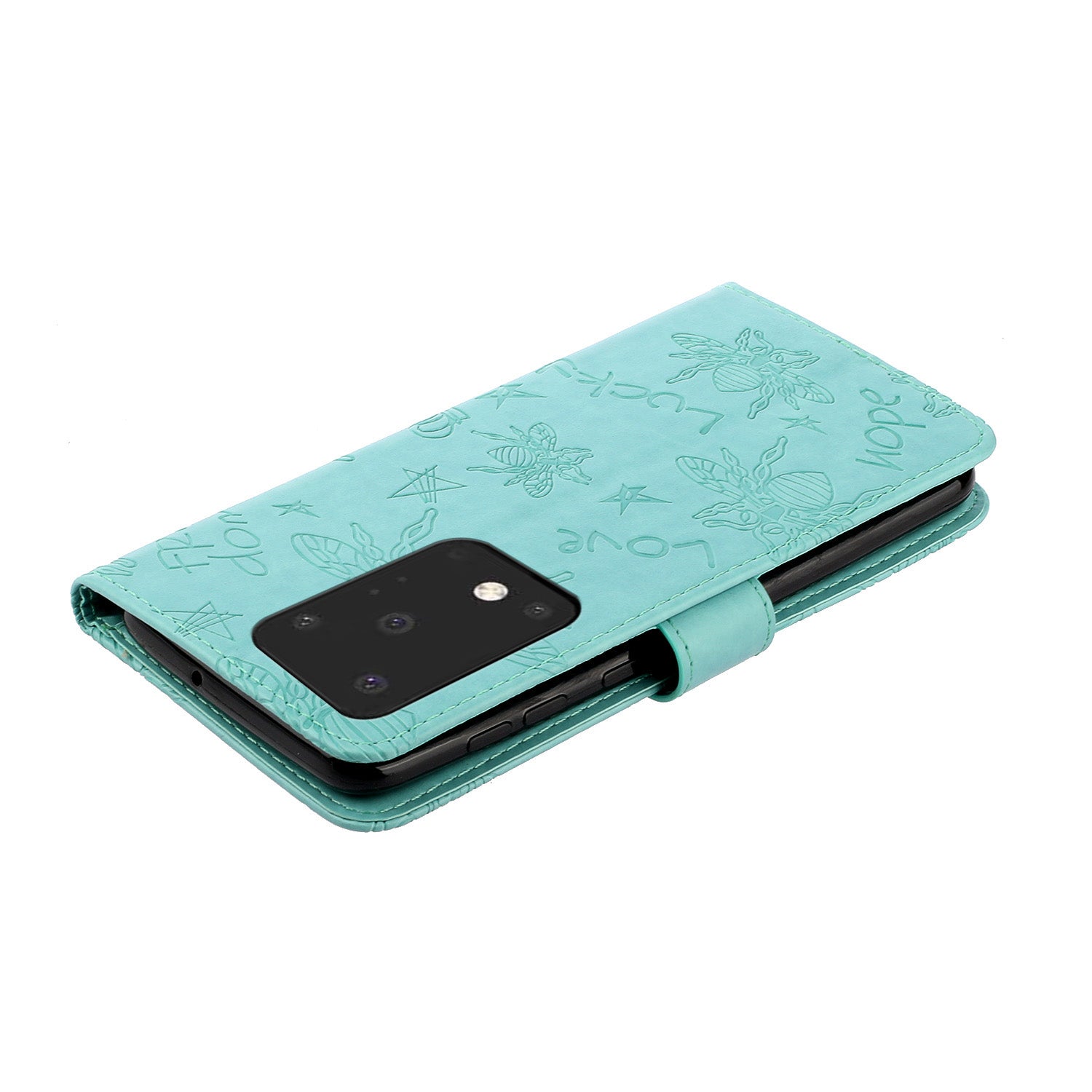 Imprint Flower Bee Leather Stand Case with Card Slots for Samsung Galaxy S20 Ultra - Cyan