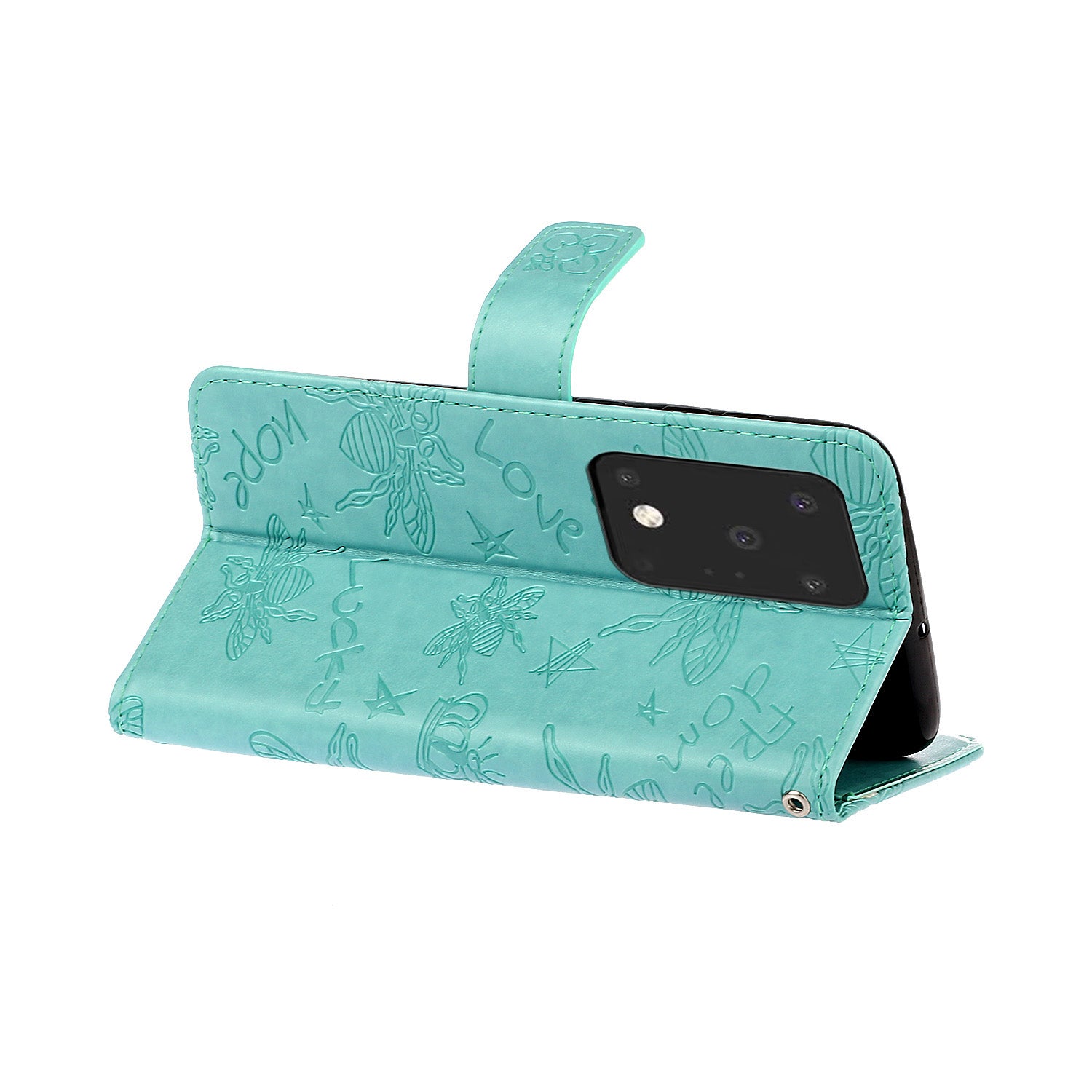 Imprint Flower Bee Leather Stand Case with Card Slots for Samsung Galaxy S20 Ultra - Cyan