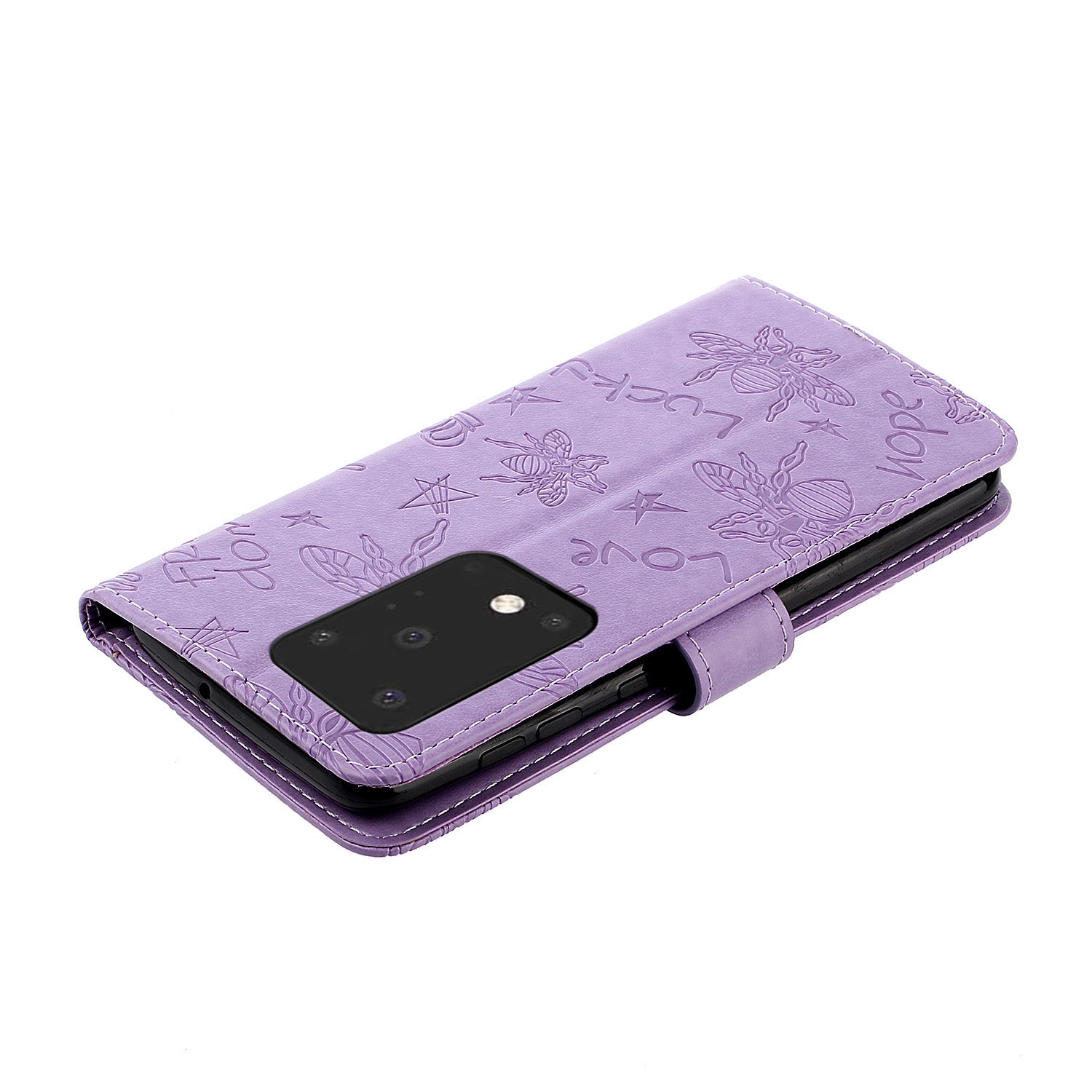 Imprint Flower Bee Leather Stand Case with Card Slots for Samsung Galaxy S20 Ultra - Purple