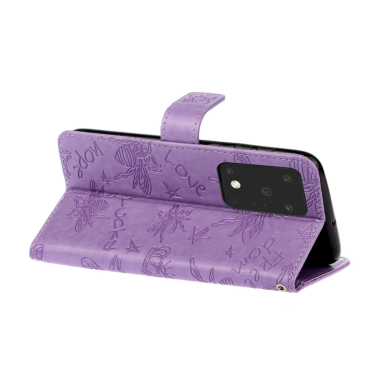 Imprint Flower Bee Leather Stand Case with Card Slots for Samsung Galaxy S20 Ultra - Purple