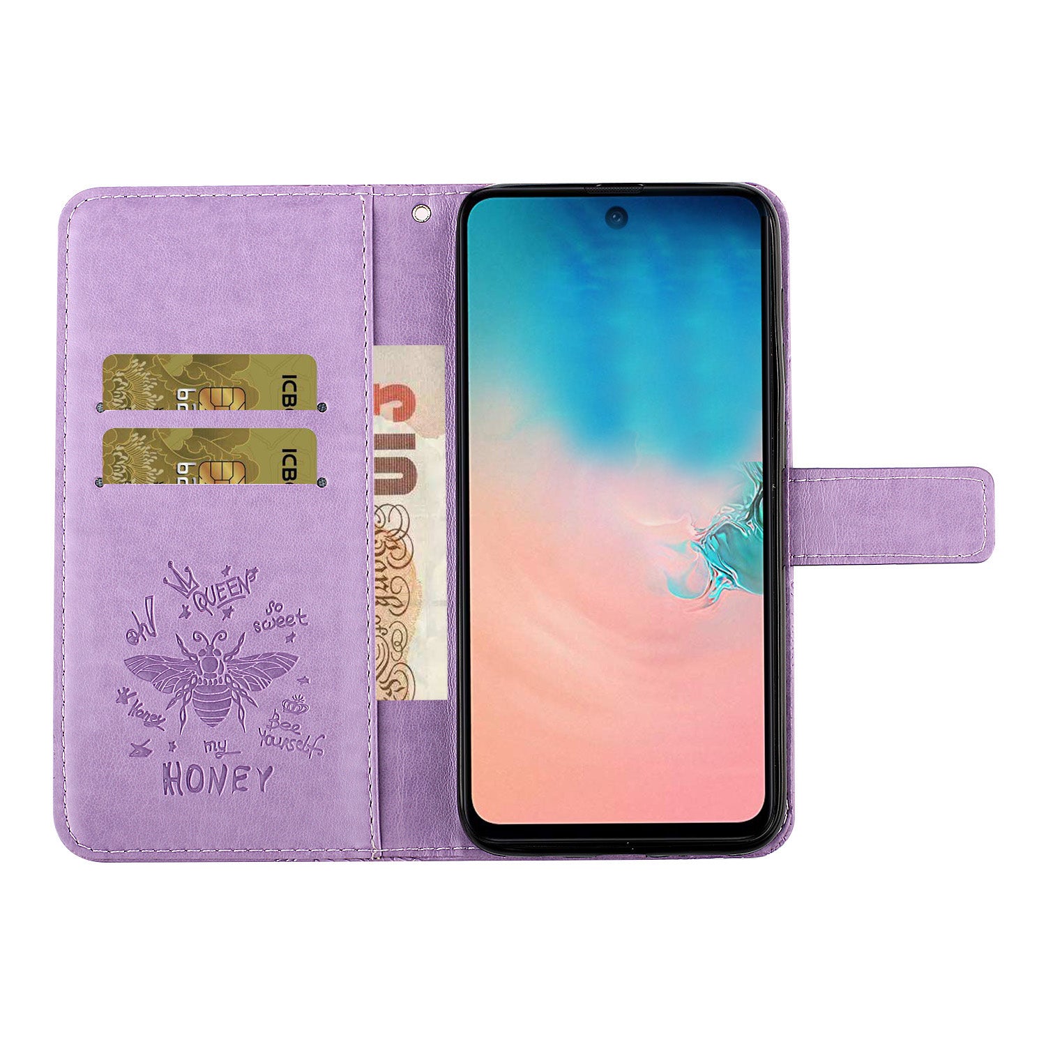 Imprint Flower Bee Leather Stand Case with Card Slots for Samsung Galaxy S20 Ultra - Purple