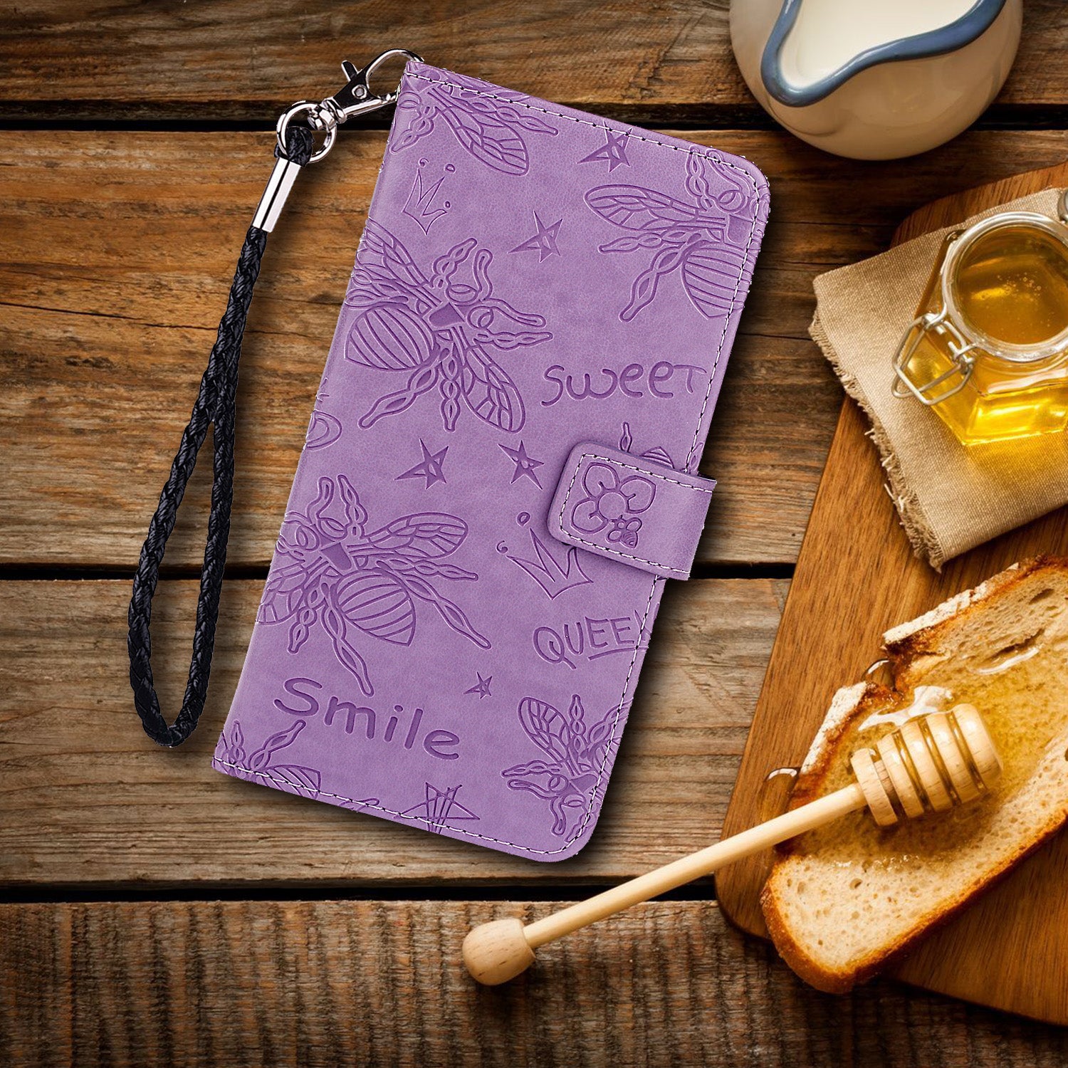 Imprint Flower Bee Leather Stand Case with Card Slots for Samsung Galaxy S20 Ultra - Purple