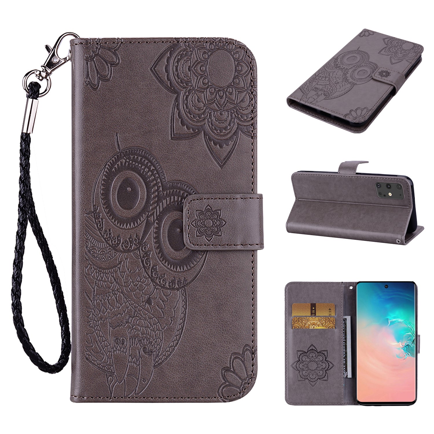 Imprint Flower Owl Pattern Leather Wallet Stand Phone Case Shell for Samsung Galaxy S20 Plus / S20 Plus 5G - Grey