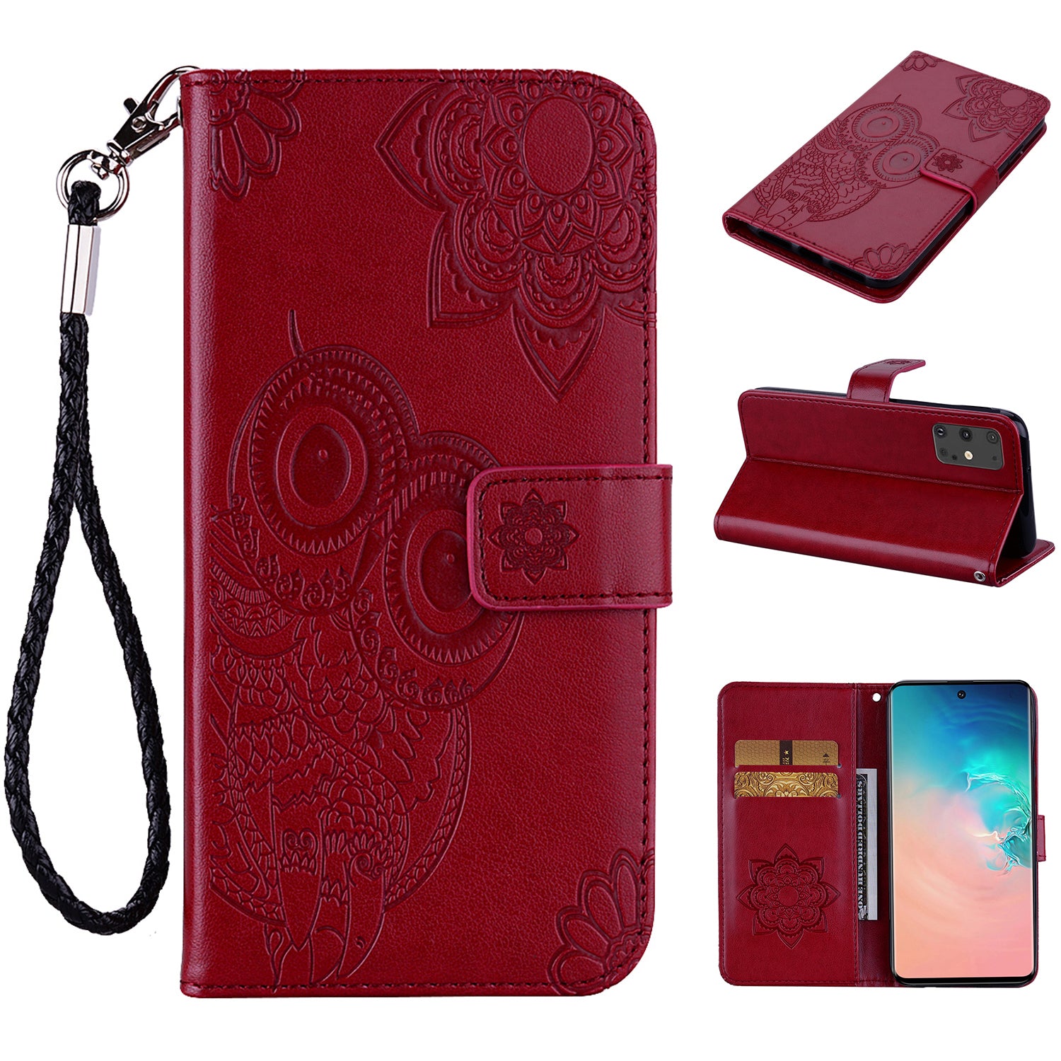 Imprint Flower Owl Pattern Leather Wallet Stand Phone Case Shell for Samsung Galaxy S20 Plus / S20 Plus 5G - Red