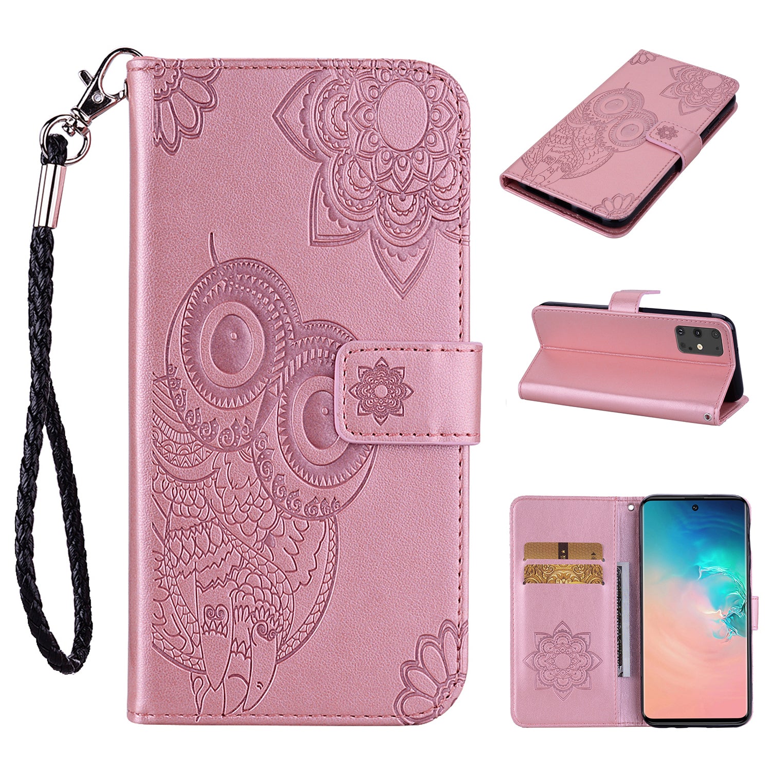 Imprint Flower Owl Pattern Leather Wallet Stand Phone Case Shell for Samsung Galaxy S20 Plus / S20 Plus 5G - Rose Gold