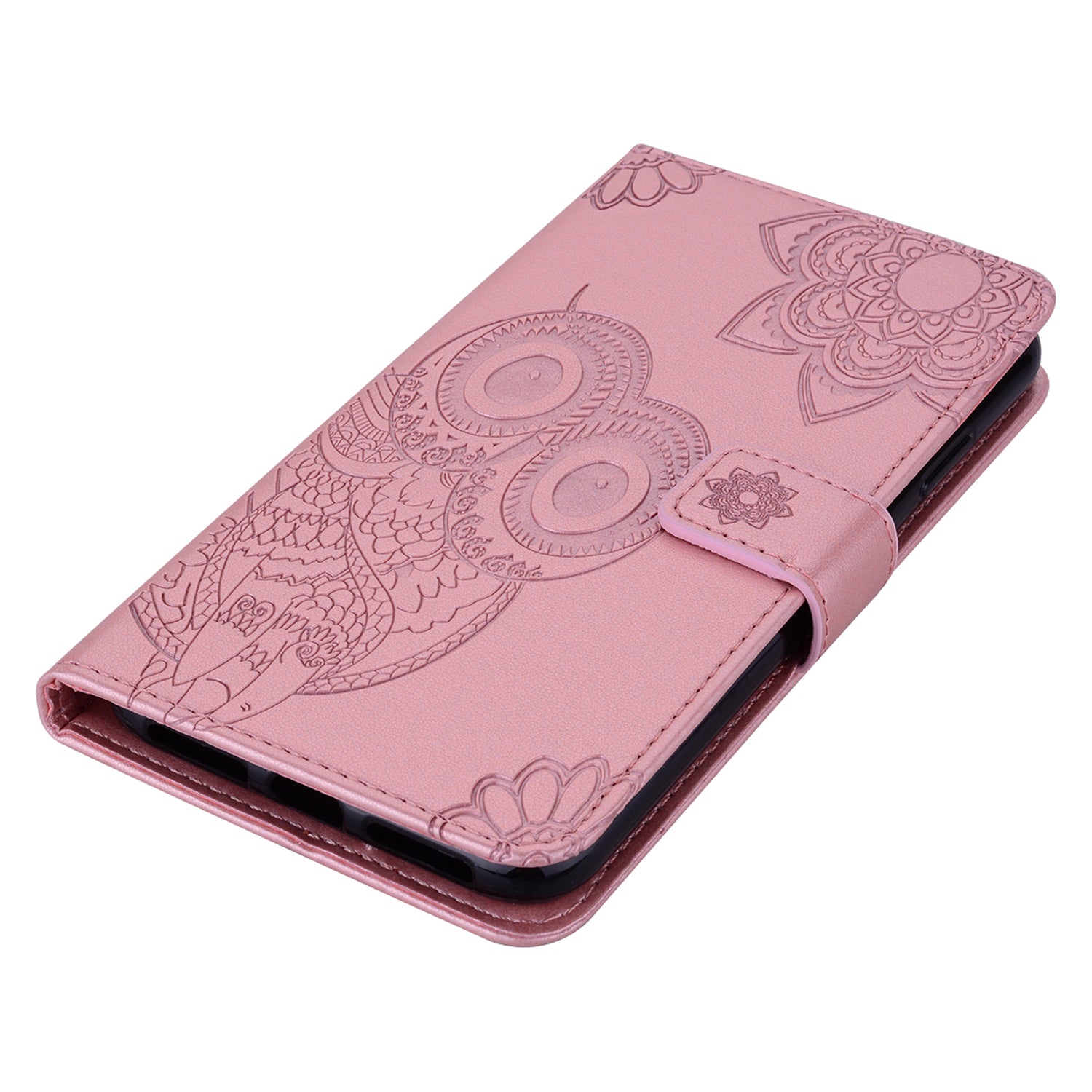 Imprint Flower Owl Pattern Leather Wallet Stand Phone Case Shell for Samsung Galaxy S20 Plus / S20 Plus 5G - Rose Gold