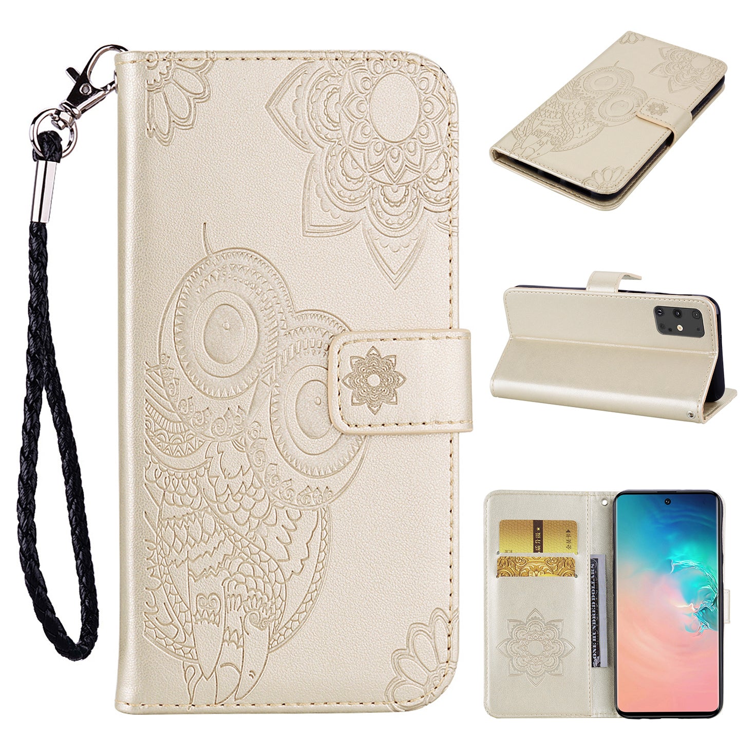 Imprint Flower Owl Pattern Leather Wallet Stand Phone Case Shell for Samsung Galaxy S20 Plus / S20 Plus 5G - Gold